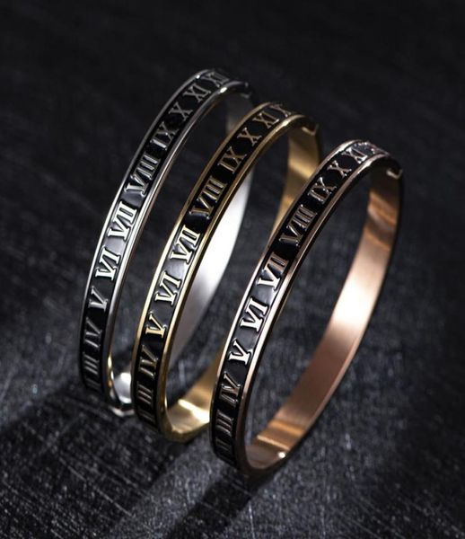 

new design cuff bracelet bangle stainless steel enamel carving roman numeral couple for men women jewelry2675186, Black