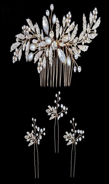 

wedding peals hair comb 3pcs hairpins for bride wedding inlay crystal leaves hair jewelry women jch1925280891, Golden;white
