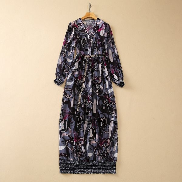 

european and american women's dress 2023 summer new style long sleeve lapel vintage print fashion belt dress xxl, Black;gray