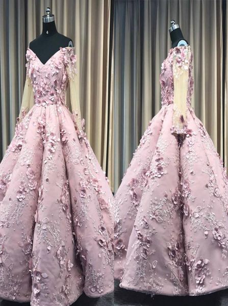 

pink evening dresses v neck off shoulder lace 3d floral appliques long sleeve formal prom dress party gowns sweep train robes de s7868680, Black;red