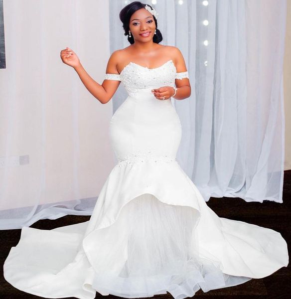 

2021 long sleeves mermaid wedding dresses off shoulder lace applique african plus size bride gown vestido de novia8789794, White