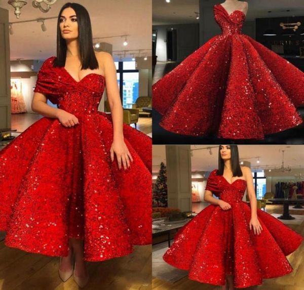 

shiny red short prom dresses one shoulder ruffle ball gown sequnined beads arabic evening gowns custom cooktail quinceaner abendkl9270212, Black
