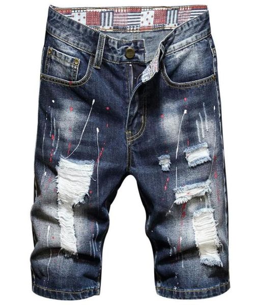 

men039s jeans 2021 summer brand clothing trend fashion straight denim shorts classic pockets torn hole paint print youth cotton3063189, Blue