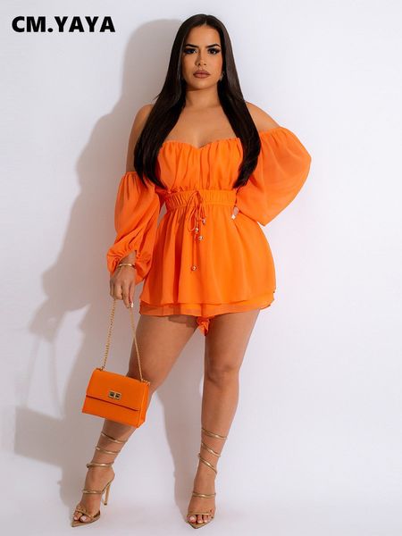 

women's jumpsuits rompers cm yaya vintage women chiffon high waist off shoulder lantern long sleeve skirt flare romper 2023 street suit, Black;white
