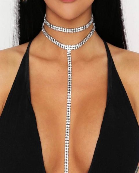 

chokers double tshape long tassel rhinestone choker necklace for women luxury crystal collares chockers chain fashion jewelry8676072, Golden;silver
