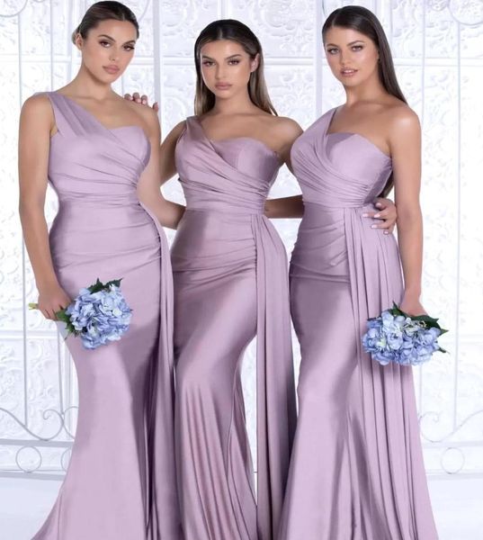 

elegant one shoulder spandex satin mermaid bridesmaid dresses 2022 sweetheart ruched sweep train wedding party guest bridesmaid go6785043, White;pink