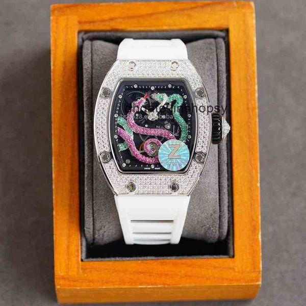 

aluxury watch date lluxury mens mechanics watches richa wristwatch rm026 diamond silver case visible movement snake carving dial lady mechan, Slivery;golden