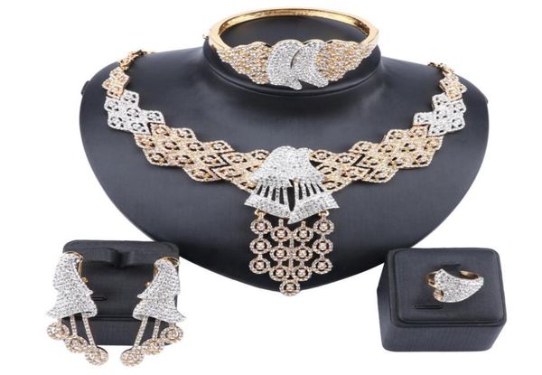 

wedding bridal jewelry set dubai gold color crystal rhinestone women party necklace bangle earring ring african bead jewelry set8718774, Slivery;golden