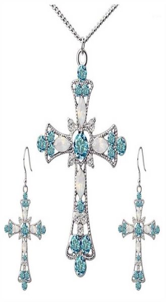 

crystal cross pendant necklaces earrings sets wedding statement necklace for women jesus jewery set flower christian jewelry19480524, Silver