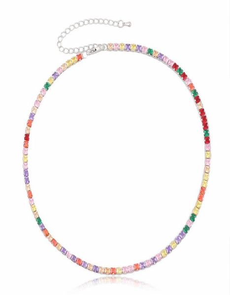 

pendant necklaces 2021 gold color rainbow cz paved square crystal colorful zirconia tennis chain choker necklace fashion jewelry c4668984, Silver