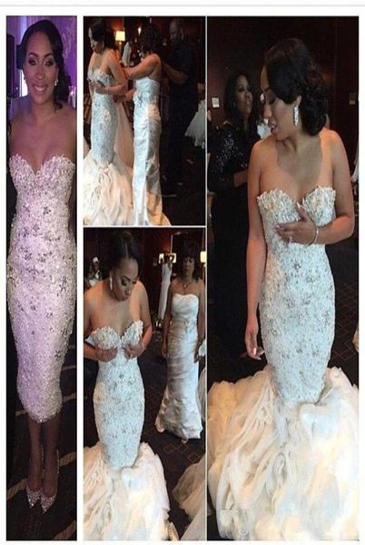 

stunning crystal mermaid wedding dresses beaded flouncing ruched organza detachable train wedding gowns plus size white bridal dre3740928