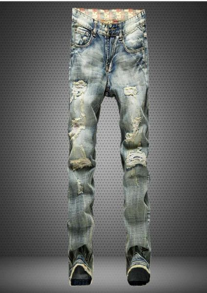 

ripped men jeans frayed male destroyed slim biker jeanscasual skinny holesdenim pants washed yellow color swag overalls trousers8543072, Blue