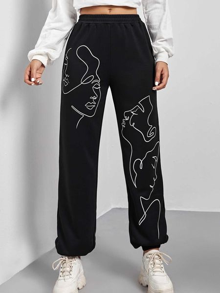

women's figure graphic elastic waist sweatpants, White