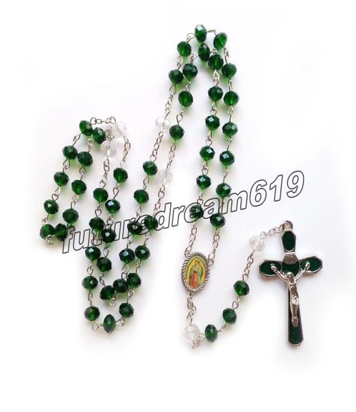 

catholic green crystal rosary necklace for men women long enamel jesus cross pendant religious jewelry9333572, Silver