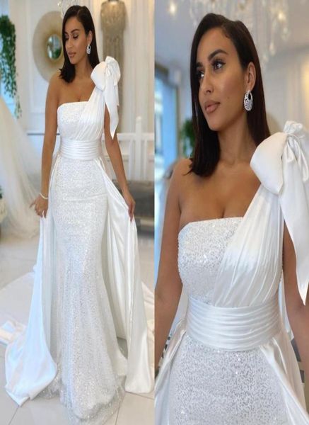 

arabic dubai mermaid white evening dress one shoulder formal prom party gowns with bow satin and sequined overskirt vestidos de no5325831, Black;red