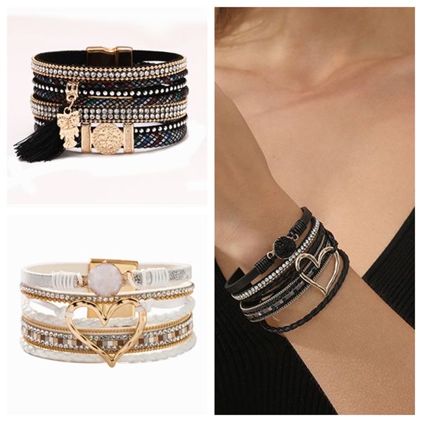 

ing fashion leather charm bracelet for women braided rhinestone wrap bracelet famale cuff bangle wristband jewelry gifts, White