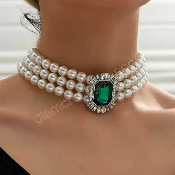 

multi layered simulated pearl green crystal choker necklace collar statement boho clavicle chain necklace women jewelry, Golden;silver