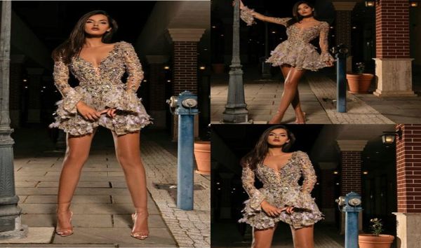 

2020 short prom dresses deep v neck beads crystal long sleeve mini evening gowns custom made feather cocktail dress party wea8328291, Black
