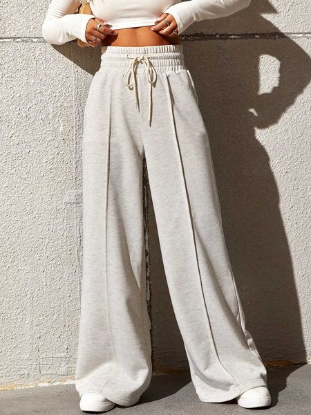 

women's solid drawstring waist wide leg sweatpants, White