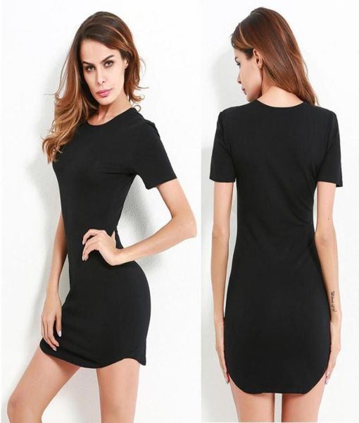

casual drs ladies simple solid black dress women summer short sleeve round neck mini bodycon slim5491260, Black;gray