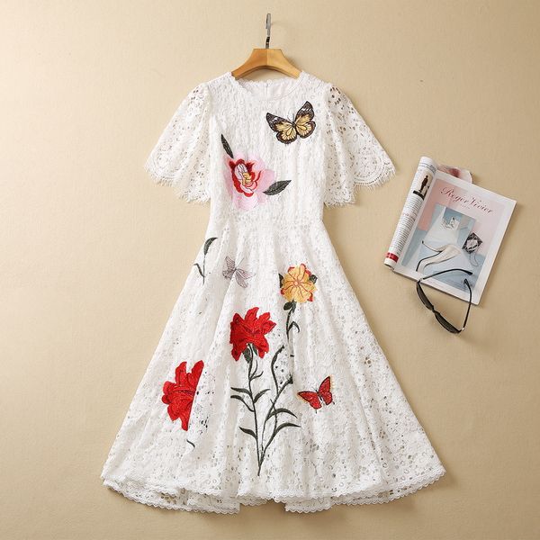 

european and american women's dress 2023 summer new style short sleeve butterfly flowers embroidered lace fashion pleated dress, Black;gray