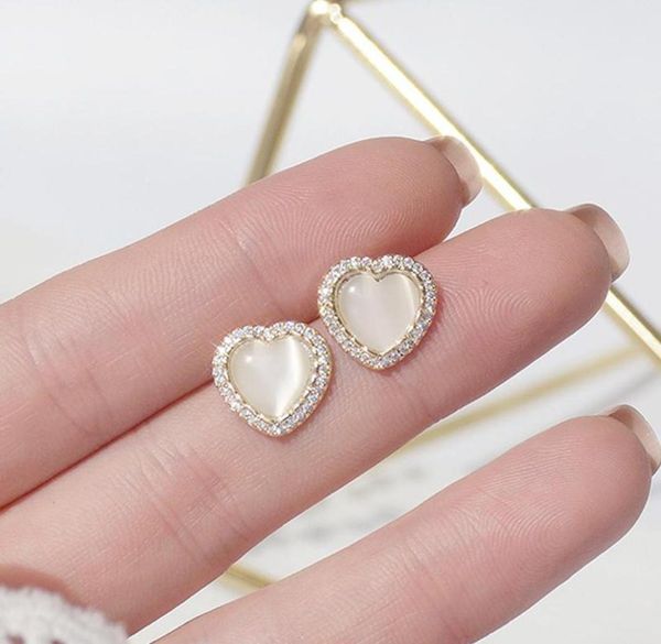 

stud korean trendy opal round inlaid cz heart women earrings simple love earring birthday gift christmas pendant1322258, Golden;silver