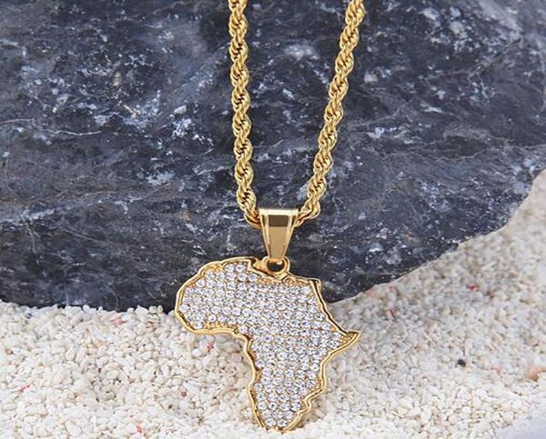 

18k gold plated iced out africa map pendant stainess steel necklace with 3mm 24inch rope chian4085547, Silver