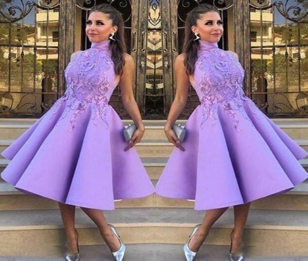 

light purple sleeveless short bridesmaid dresses lace appliques high neck satin knee length bridesmaid gowns for wedding formal pa8792764, White;pink