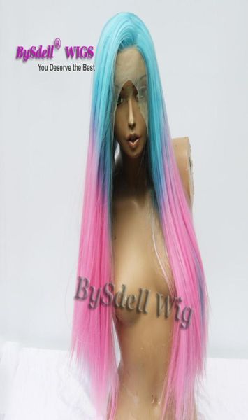 

pastel ombre blue to pink color hair wig synthetic long silky straight hair lace front wig mermaid unicorn hair cosplay party wigs5889950, Black