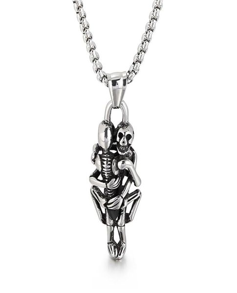 

mens womens stainless steel vintage hugging skull skeleton pendant love gothic necklace rolo chain 3mm 24 inch2473975, Silver