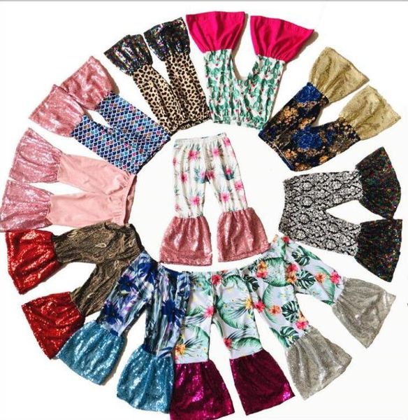 

kids pants mermaid bell bottom pants floral sequins wide leg pants boutique casual tights fashion dance trousers princess leggings7327653, Blue