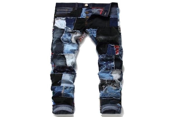 

unique mens patchwork ripped jeans fashion spliced straight leg slim frayed colorful denim pants streetwear trousers for male 2486848405, Blue