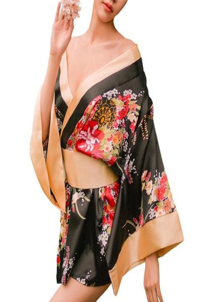 

women039s traditional japanese kimono style robe yukata costumes pajamas womens floral kimono costumes role play lingerie with 8919868908, Black;red