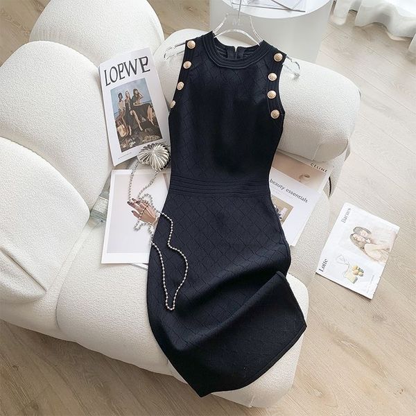 

summer small fragrance san dr-o sleeveless ice silk knitted dress high waist hip wrap bottom skirt light mature temperament with little blac, Black;gray