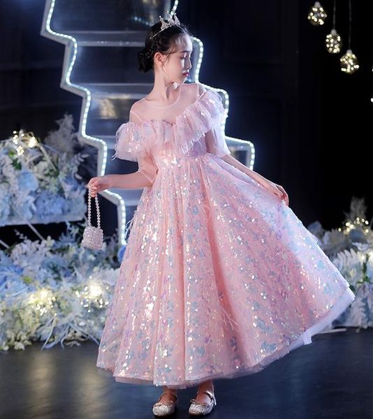 

2122 pink flower girl dresses for wedding sequined lace floral appliques tiered skirts girls pageant dress kids birthday party bir3791729, White;blue
