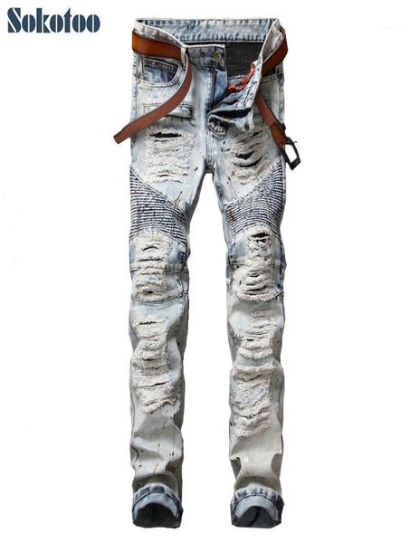 

sokotoo men039s casual painted holes ripped biker jeans for moto vintage light blue slim straight denim pants long trousers11505174
