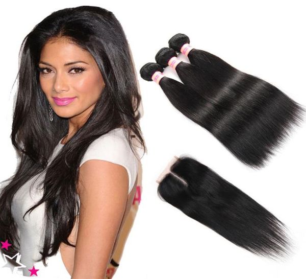 

10a unprocessed peruvian hair bundles with closure peruvian virgin straight hair extensions human hair bundle with lace closure9537504, Black