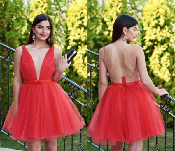 

red short prom dresses deep v neck sleeveless pleated tulle ribbon backless fashion party dresses homecoming dresses3755248, Black