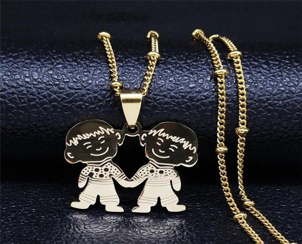 

pendant necklaces 2021 fashion stainless steel two boys family necklace for women gold color chain jewelry acero inoxidable joyeri9916850, Silver