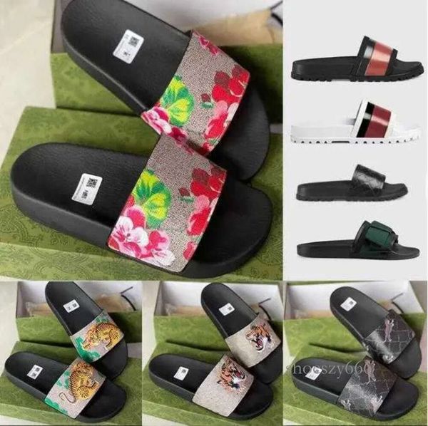 

fashion designer rubber slide sandal floral brocade men slipper gear bottoms flip flops women striped beach causal slipper with box, Black