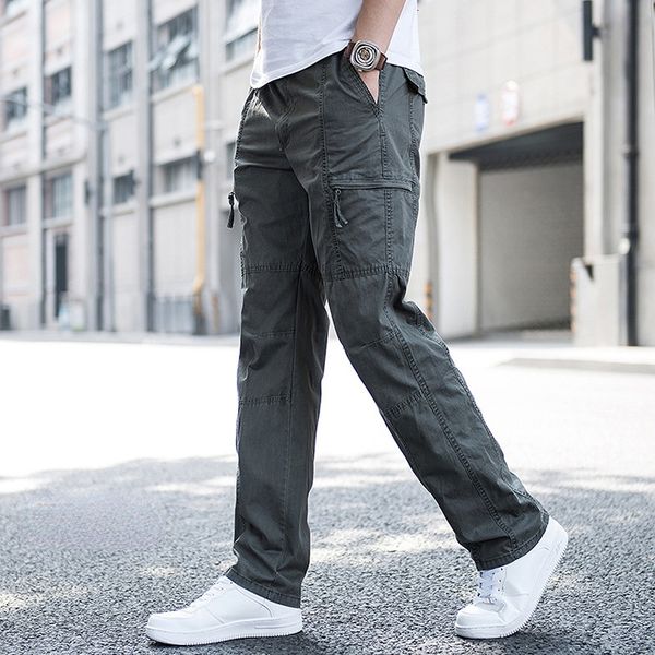 

men's pants big size cargo trousers straight leg work pant men loose fit cotton summer wide overalls male side multi pocket large size, Black