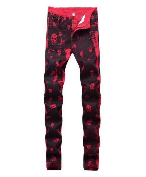 

men039s jeans 2021 male fashion skeleton skull printed night club personality slim fit red denim pants long trousers9678097, Blue