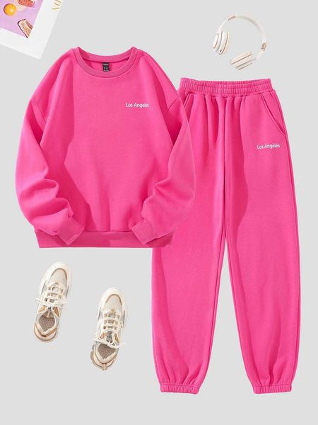 

women's letter graphic thermal lined sweatshirt sweatpants, White