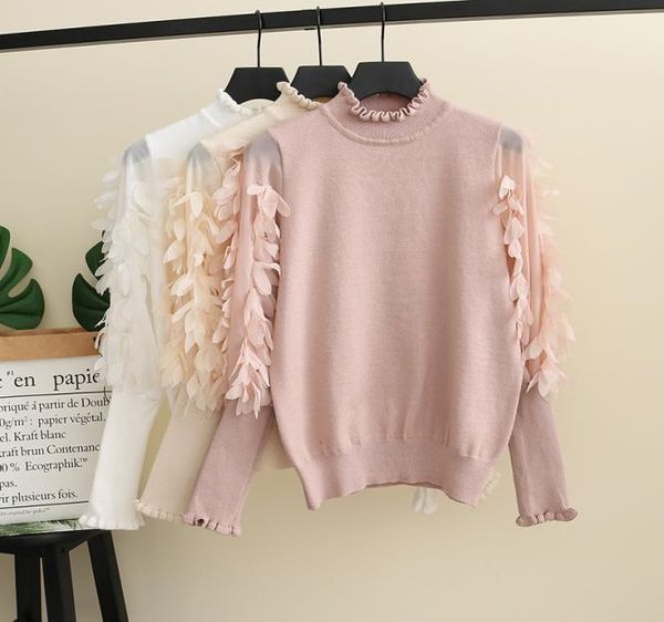 

2019 fall new big girls sweater kids stereo petals applique princess pullover women knitted sweater splicing puff sleeve jumper f98263048, Blue