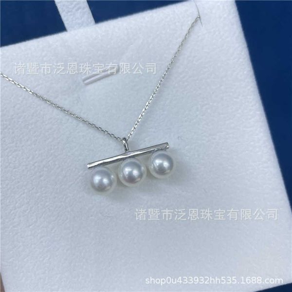 

original new tiffayffay s925 silver three pearl balance wood freshwater pendant necklace 7-8mm round strong light flawless female