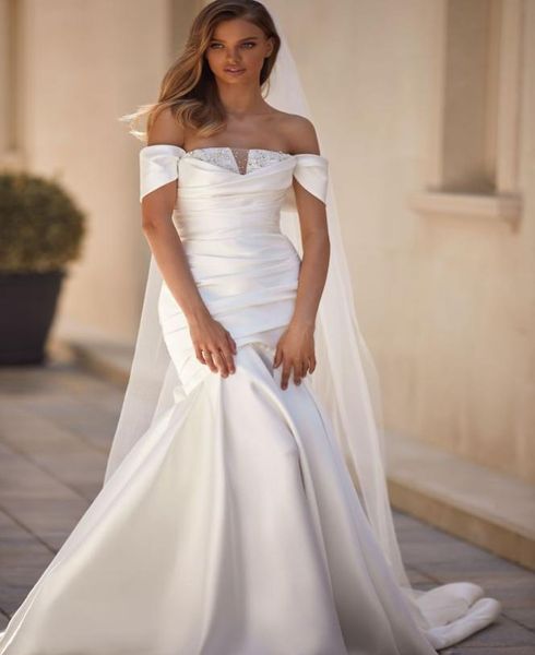 

plus size mermaid wedding dresses beaded crystals short sleeves off shoulder strapless sweep train draped pleats bridal gowns2444753, White