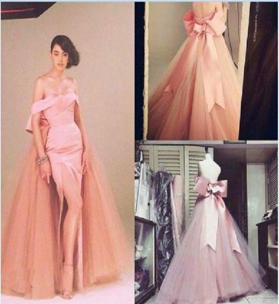 

unique nude pink off shoulder prom dresses satin and tulle thighside split with big bow back long formal evening gown5142131, Black
