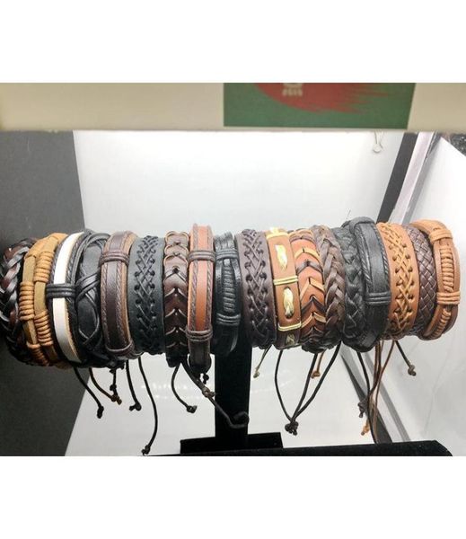 

20pcs lots vintage mens genuine leather surfer bracelet cuff wristband fashion jewelry gift mixed style bracelet bvh4h2857270, Golden;silver