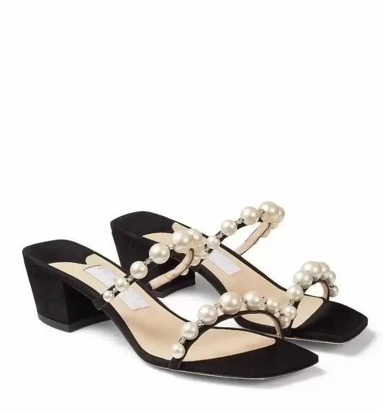 

summer fashion brands amara women sandals pearls strappy slippers chunky heels square toe casual mules lady discount walking -- gift, Black
