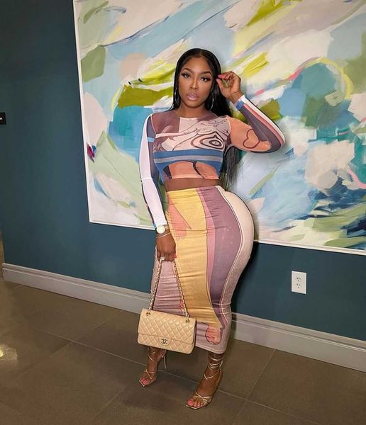 

fashion trend knitted print long set long skirt tight fit, White